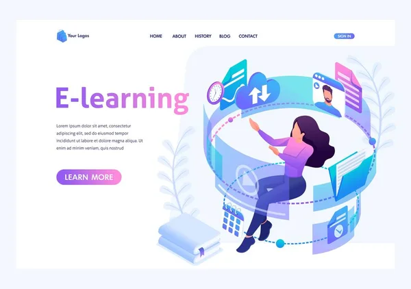Isometrisk koncept ung flicka i processen att lära sig via Internet, titta på pedagogiska videor, läsa böcker. Mallmålsida för webbplats — Stock vektor