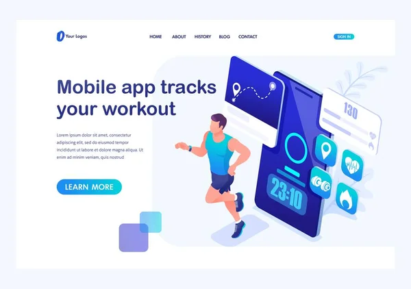 Isometric concept mobile app tracks your workout, male athlete on a run. Training of a young man. Template landing page for website — Stock Vector