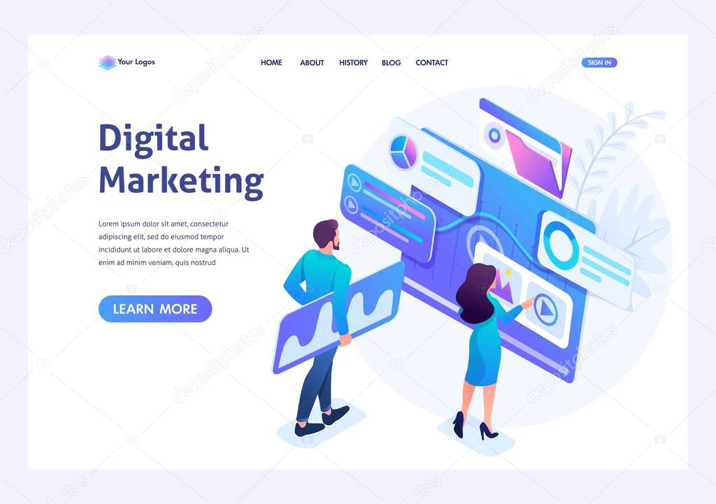 Isometric concept young entrepreneurs insist data for digital marketing, advertising on the Internet.Template landing page for website