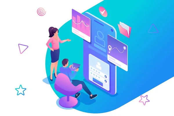 Isometrisk koncept unga människor är engagerade i att testa den mobila applikationen, arbetet i programmet. Koncept för webbdesign — Stock vektor