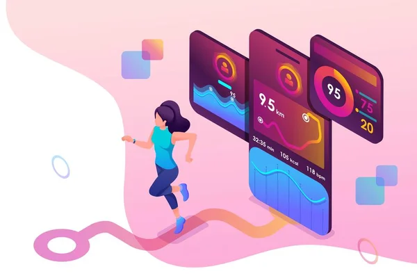 Isometric concept young girl Jogging, running mobile app tracks the workout, the GPS signal. Concept for web design — Stock Vector