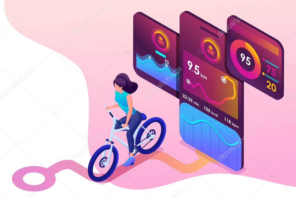 Isometric concept young girl on bike, a mobile app tracks the workout, the GPS signal. Concept for web design