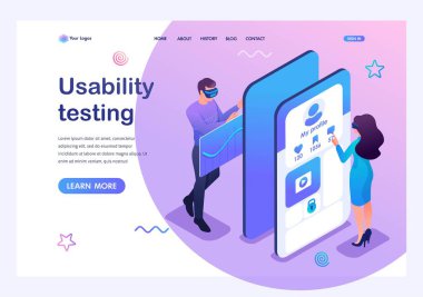 Sanal gözlüklü izometrik konsept gençleri alternatif gerçeklik ve sosyal ağlar için mobil uygulamayı test ediyorlar. Web sitesi için şablon açılış sayfası