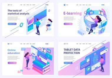 Çevrimiçi eğitim, bilgi güvenliği, veri Analitiği konusunda izometrik açılış sayfalarını ayarlayın. Web sitesi ve mobil uygulama geliştirme için