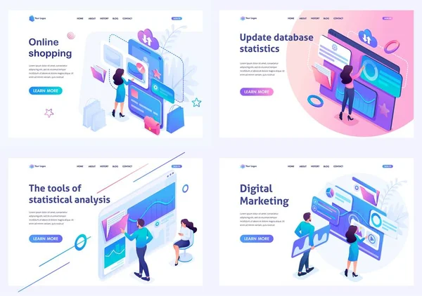 Çevrimiçi alışveriş, istatistiksel analiz, dijital pazarlama konularında İzometrik açılış sayfalarını ayarlayın. Web sitesi ve mobil uygulama geliştirme için