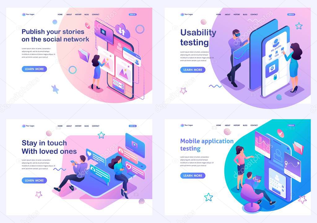 Set isometric landing pages, young people test and use mobile applications in social networks. For website and mobile apps development
