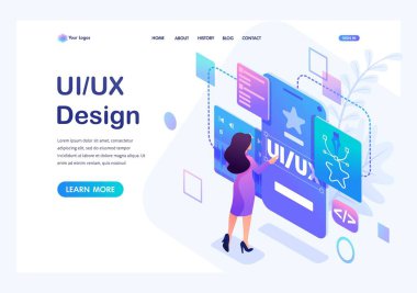 Isometrik konsept genç bir kadın mobil uygulama, Ui Ux tasarım için özel bir tasarım oluşturur. Site için açılış sayfası şablonu