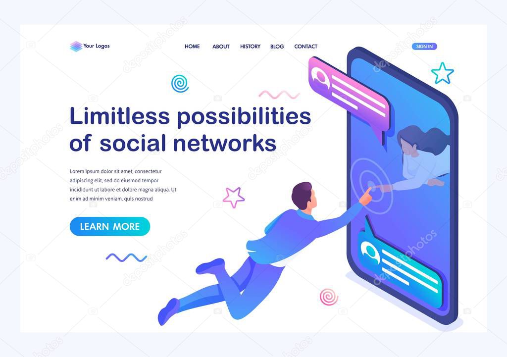 Isometric concept Unlimited possibilities of social networks, a young girl communicates with a young man via the Internet. Online Dating. Landing page template for the site