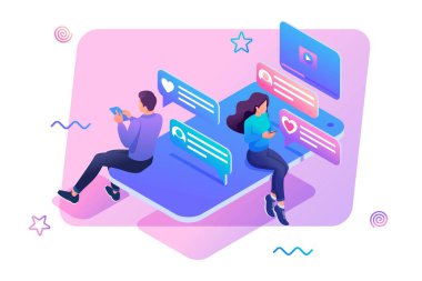 Gençler için izometrik konsept akıllı telefon ve sosyal ağlar sevdiklerinizle iletişimde kalmanın bir yoludur. Web tasarımı için konsept
