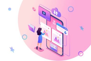 Izometrik kavram Hikayelerinizi sosyal ağda yayınlayın, genç bir kız fotoğraflarını internete koyar. Web tasarımı için konsept