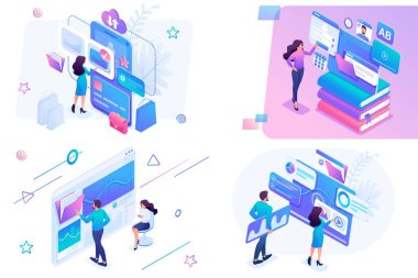 Online alışveriş, istatistiksel analiz, dijital pazarlama konularında isometrik ayarlayın. Web sitesi ve mobil web sitesi geliştirme için