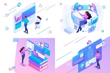 Çevrimiçi eğitim, bilgi güvenliği, veri Analitiği konusunda izometrik olarak ayarlayın. Web sitesi ve mobil web sitesi geliştirme için