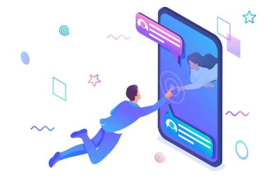 Sosyal ağların sınırsız olasılıkları, genç bir kız genç bir adamla internet üzerinden iletişim kuruyor. Online Randevu. Web tasarımı için kavram