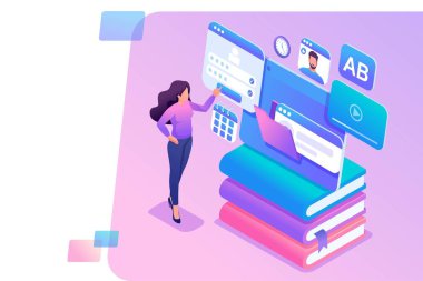 Izometrik kavram genç kız online öğrenme için tablet kullanır. Web tasarımı için konsept