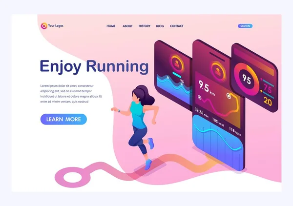 Conceito isométrico menina Jogging, aplicativo móvel em execução rastreia o treino, o sinal GPS. Modelo de landing page para o site — Vetor de Stock