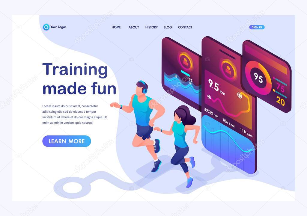 Isometric concept train together, reach your goal using the mobile app to track your activity. Landing page template for the site