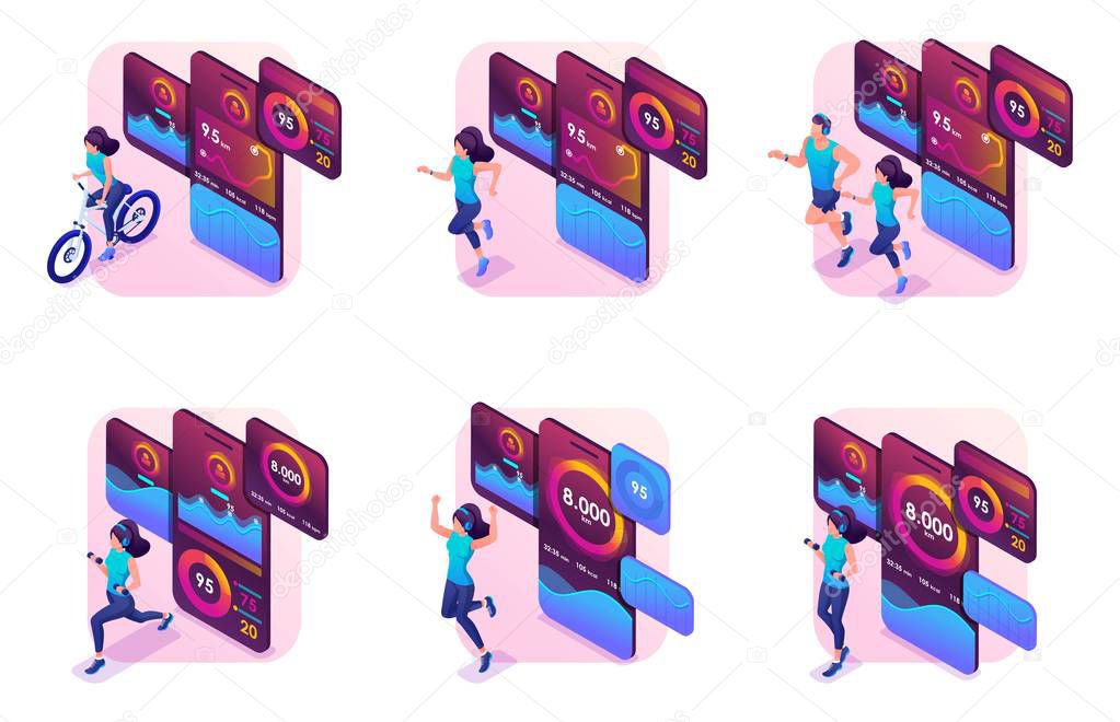 Set of isometric concepts for mobile app advertising to track your training and activity. Concept for web design