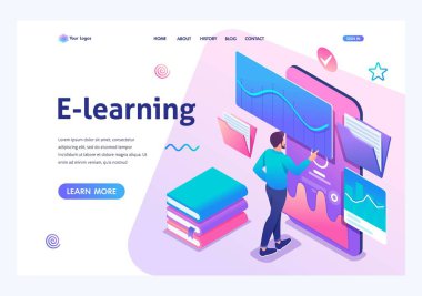 İzometrik kavram Man web sitesinde bir ders izliyor, online eğitim, e-öğrenme. Eğitim için Mobil Uygulama. Site için açılış sayfası şablonu