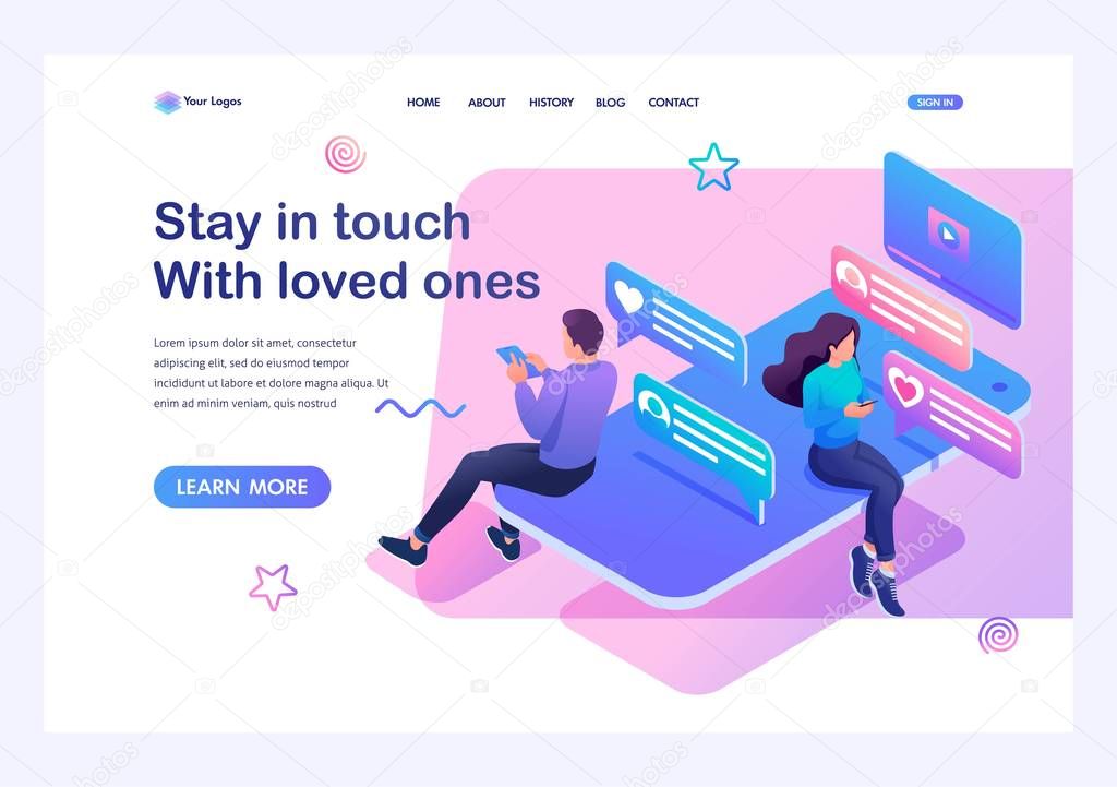 Isometric concept smartphone and social networks for teenagers a way to stay in touch with loved ones. Training of a young man. Template landing page for website