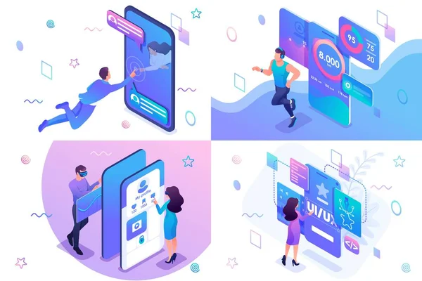 Set isometric concept of user interface development, testing and use by users. For website and mobile website development — Stock Vector