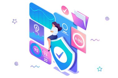 İzometrik kavram Girl telefonunuzdaki verileri korumak için çevrimiçi uygulama yükler. Bilgi koruması. Web tasarımı için konsept