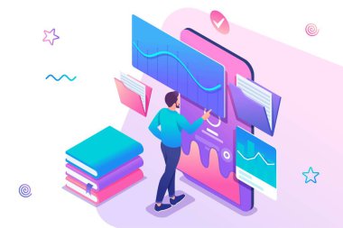 İzometrik kavram Man web sitesinde bir ders izliyor, online eğitim, e-öğrenme. Eğitim için Mobil Uygulama. Web tasarımı için konsept