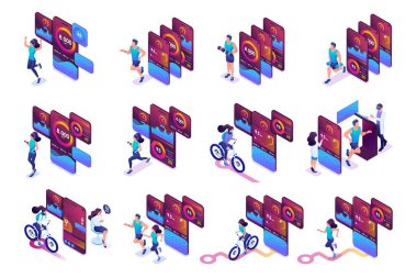 Big Isometric set of bright concepts of use of mobile applications for tracking of trainings. To create an advertising design clipart