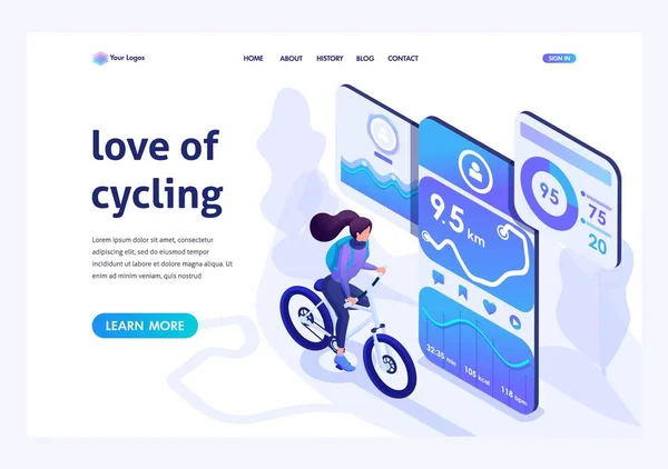 Conceito de design isométrico para a landing page sobre o assunto, como andar de bicicleta, andar de bicicleta com um aplicativo móvel. Para conceitos publicitários e web design — Vetor de Stock