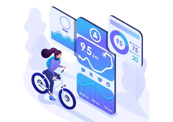 Concetto di design isometrico sul tema come andare in bicicletta, in bicicletta con un'app mobile. Per concetti pubblicitari e sviluppo web design — Vettoriale Stock