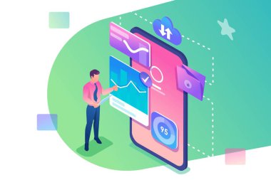 İzometrik kavram Analiz için verileri görüntüleyin. Genç bir girişimci akıllı telefon ekranındaki verilerle çalışıyor. Web tasarımı için konsept
