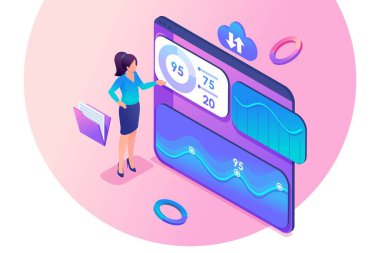 Genç kız grafiklerle etkileşime giriyor ve istatistikleri analiz ediyor. Finansal yönetim kavramı. 3d biyometrik. Web tasarımı için konsept