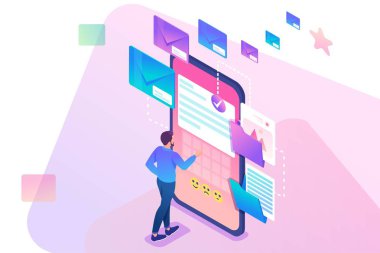 Genç adam yeni e-posta iletisi oluşturur, posta bildirimi gönderir. Yeni gelen ileti. İş yazışmaları. 3d biyometrik. Web tasarımı için konsept