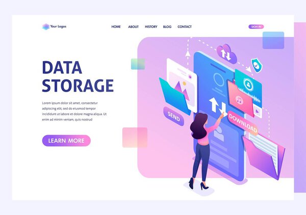 Young girl interacting with the data storage, downloads and uploads files to the cloud. Data exchange concept. 3d isometric. Landing page concepts and web design