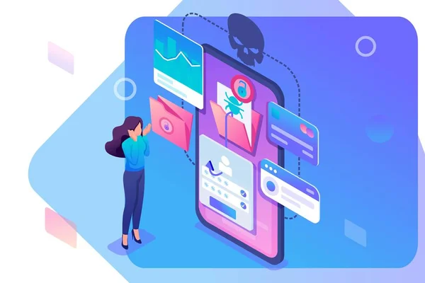 Isometric concept Phishing link, theft of data from the mobile application, credit card data and user passwords, the girl in shock. Concept for web design