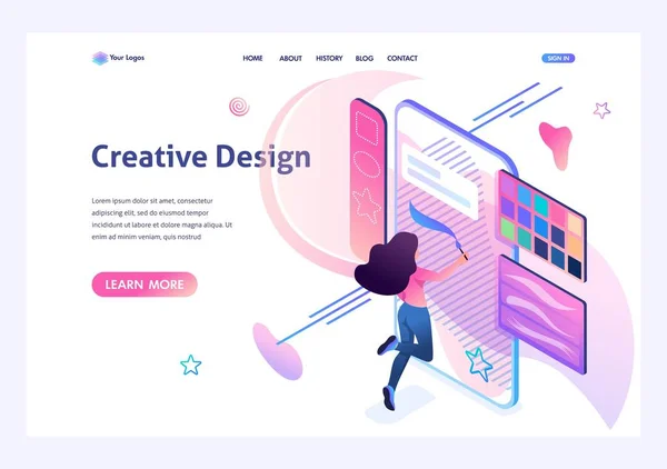 Chica joven se dedica a la creatividad, se basa en la pantalla del teléfono inteligente utilizando una aplicación de software. Concepto de creatividad. 3d isométrica. Conceptos de landing page y diseño web — Archivo Imágenes Vectoriales