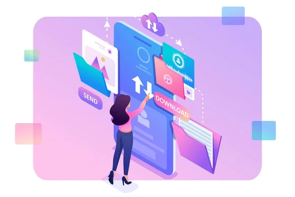 Young girl interacting with the data storage, downloads and uploads files to the cloud. Data exchange concept. 3d isometric. Concept for web design — Stock Vector