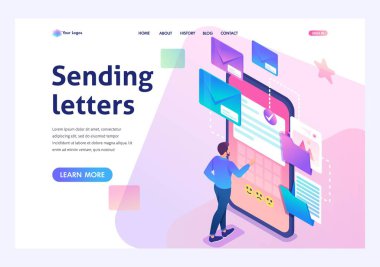 Genç adam yeni e-posta iletisi oluşturur, posta bildirimi gönderir. Yeni gelen ileti. İş yazışmaları. 3d biyometrik. Açılış sayfası kavramları ve web tasarımı için