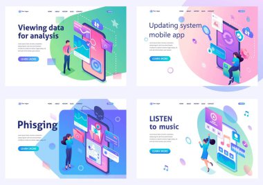 Izometrik açılış sayfalarını ayarlayın, akıllı telefon yazılımıyla çalışın, sistem güncellemesi, veri toplama, kimlik avı bağlantıları, müzik. Web sitesi ve mobil uygulama geliştirme için