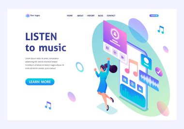 Izometrik konsept Kız uygulama üzerinden akıllı telefonda müzik dinler, dans ve sevinç. Reklam konseptleri ve web tasarımı için