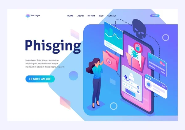 Isometric concept Phishing link, theft of data from the mobile application, credit card data and user passwords, the girl in shock. For advertising concepts and web — Stock Vector