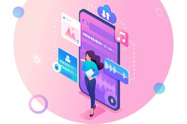 Genç kız sesli mesaj göndererek iletişim kurar. Modern İletişim Kavramı. 3d biyometrik. Web tasarımı için konsept