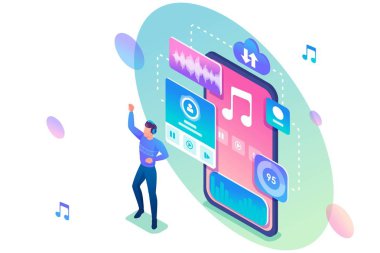 Genç adam telefonunda çalan müzikle dans ediyor. Sosyal ağlarda müzik dinleme kavramı. 3d biyometrik. Web tasarımı için konsept