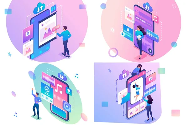 Izometrik kavramlar seti.içerik yükleme, fotoğraf düzenleme, müzik dinlemek, sesli mesaj. Web tasarımı için Konsept için