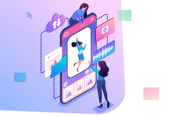 Молодые девушки делают пост в социальной сети. Загрузка контента в концепцию социальных сетей. 3d изометрические. Концепция веб-дизайна
