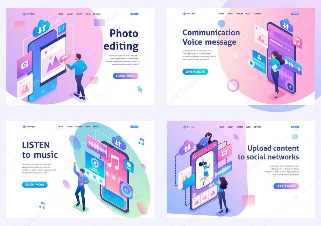 Set of isometric concepts.upload content, photo editing, listen to music, voice message. For Landing page concepts and web design