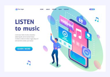 Genç adam telefonunda çalan müzikle dans ediyor. Sosyal ağlarda müzik dinleme kavramı. 3d biyometrik. Açılış sayfası kavramları ve web tasarımı