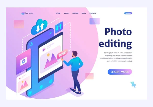 청년이 스마트폰으로 사진을 편집하고 있다. 소셜 네트워크에 대한 콘텐츠의 개념입니다. 3D 아이소메트릭. 방문 페이지 개념 및 웹 디자인 — 스톡 벡터