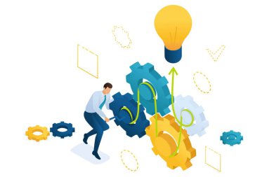Girişimci bir iş fikri vites bükümgeliştirir. Bir iş fikri yaratma kavramı. Web tasarımı için 3d biyometrik Konsept