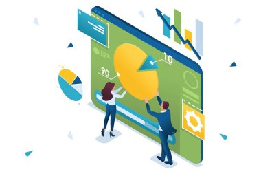 Genç girişimciler bir tablet üzerinde bir grafik ile çalışıyoruz. Veri Analitiği Kavramı. Web tasarımı için 3d biyometrik Konsept