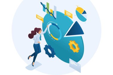Genç kız iş başında. Grafik Araştırma ve grafikler ile Kavram kadın karakteri. Web tasarımı için 3d biyometrik Konsept